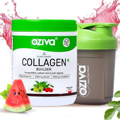 OZiva Vegan Collagen (Watermelon) with Biotin & Vitamin C For Brighter & Youthful Skin | Collagen Supplement For Women & Men | Plant Based Powder | Certified Vegan 125g + Shaker | Grocsy