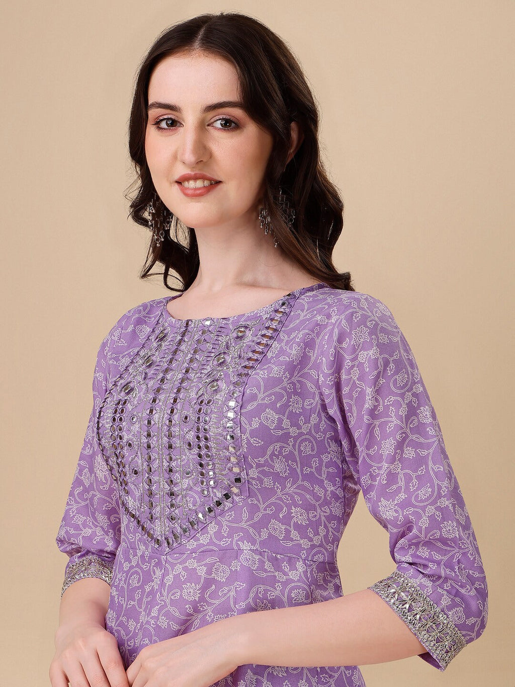 HERE&NOW Purple Floral Printed Pure Cotton A-Line Kurta & Trousers With Dupatta | Grocsy
