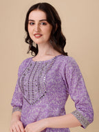 HERE&NOW Purple Floral Printed Pure Cotton A-Line Kurta & Trousers With Dupatta | Grocsy