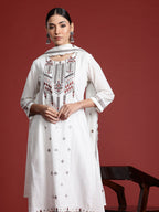 Indo Era Floral Embroidered Thread Work Pure Cotton Kurta with Trousers & With Dupatta | Grocsy