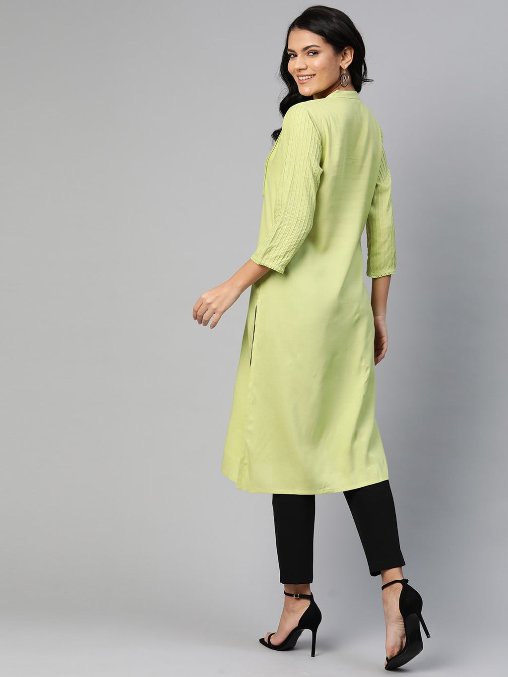 HERE&NOW Women Green Pintuck Yoke Design Straight Kurta | Grocsy