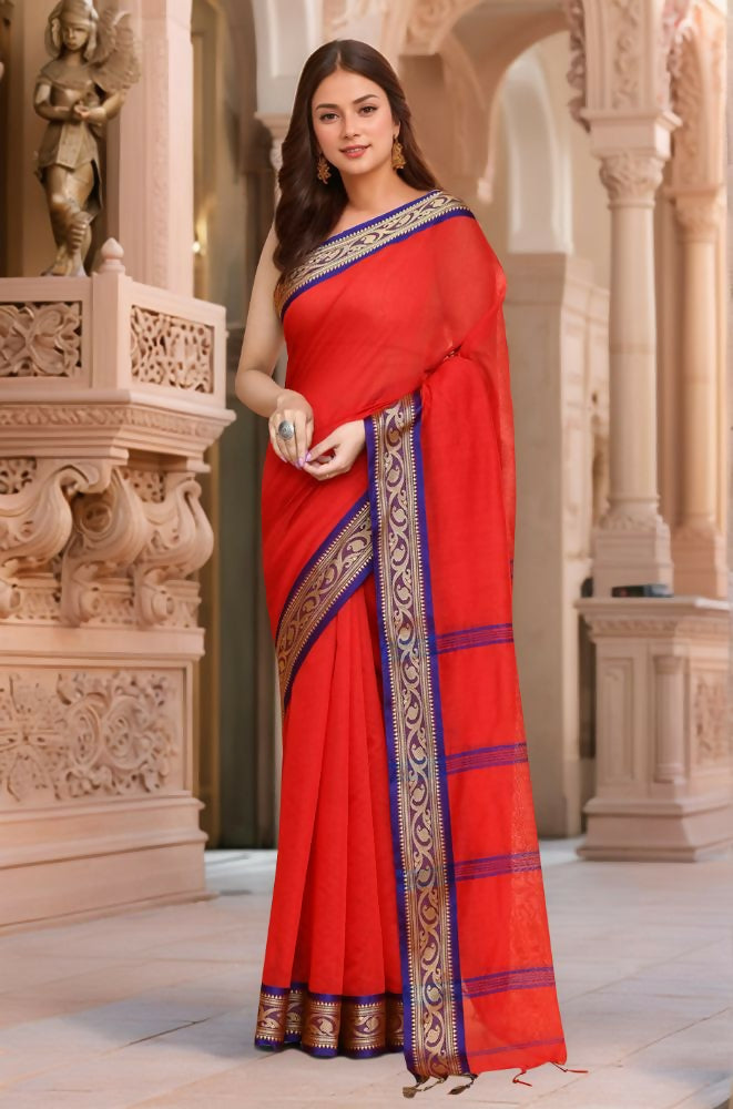 Joban Fashion Women Red & Blue Trendy Cotton Saree | Grocsy