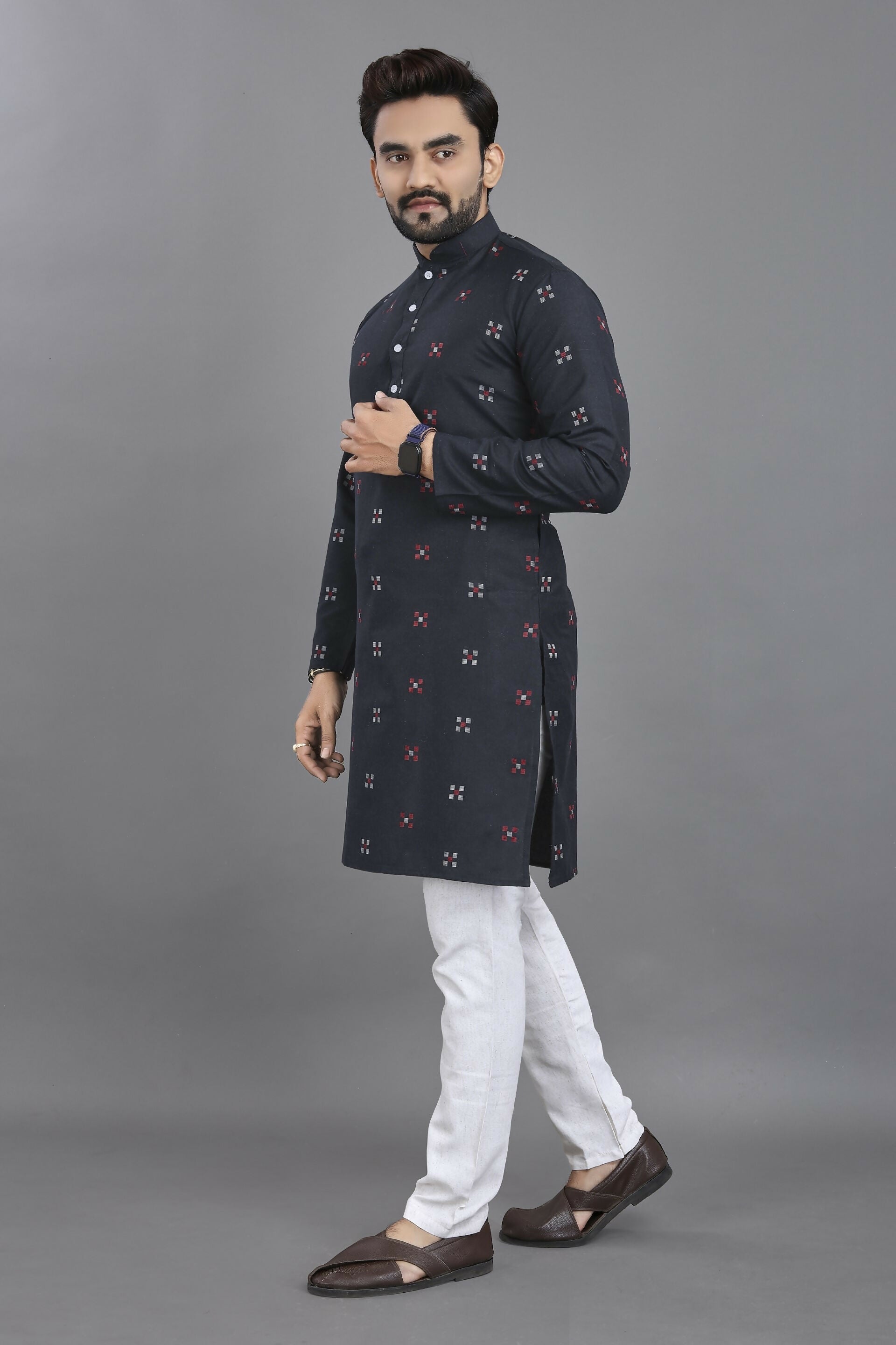Anaita Navy Blue Weaving Linen Cotton Straight Kurta | Grocsy