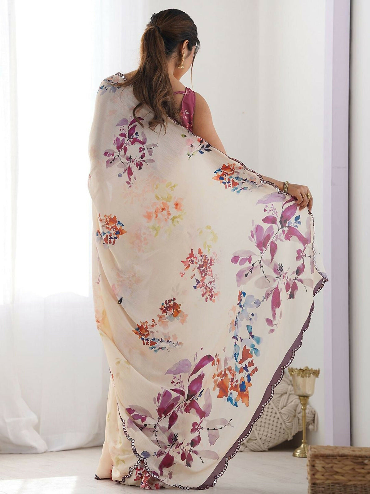 Designer Partywear Georgette Cream Fancy Saree-Druga | Grocsy