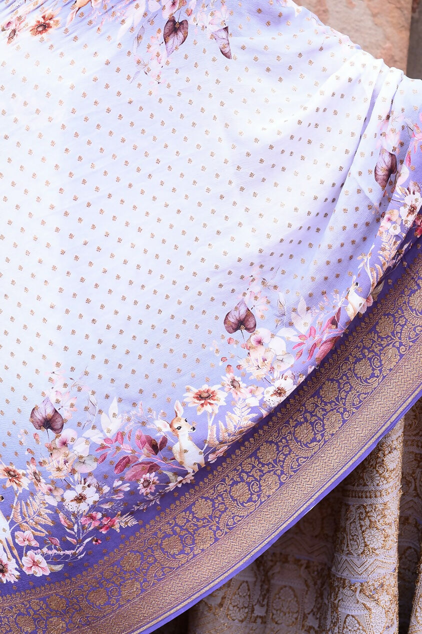 Joban Fashion Shade Of Orchid Crepe Chiffon Pure Handloom Banarasi Silk Saree | Grocsy