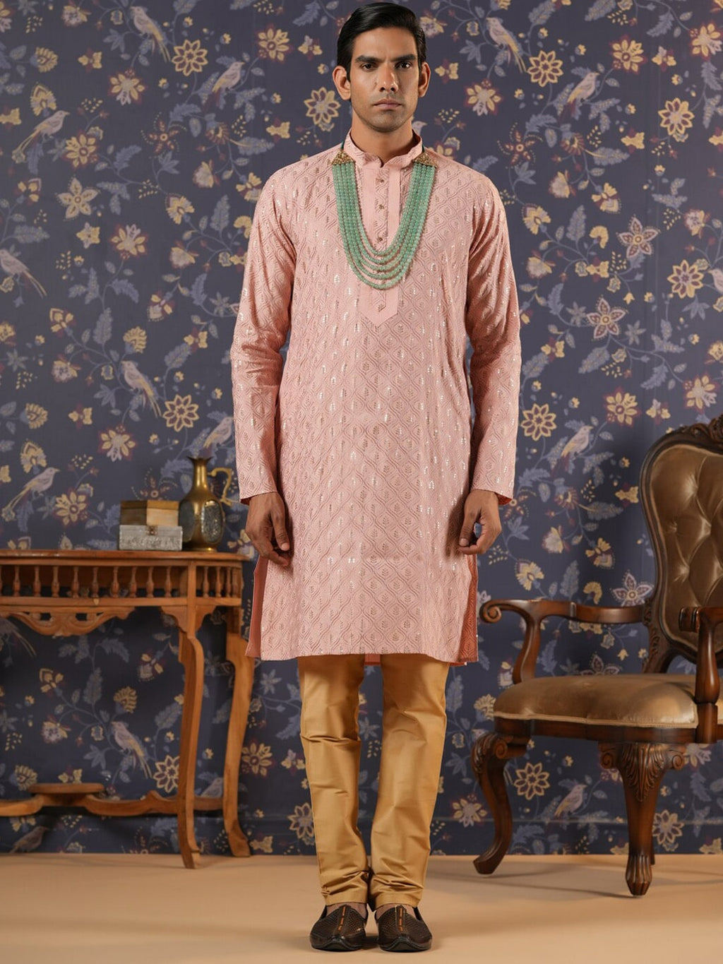 House of Pataudi Ethnic Motifs Embroidered Mandarin Collar Straight Kurta With Churidar | Grocsy