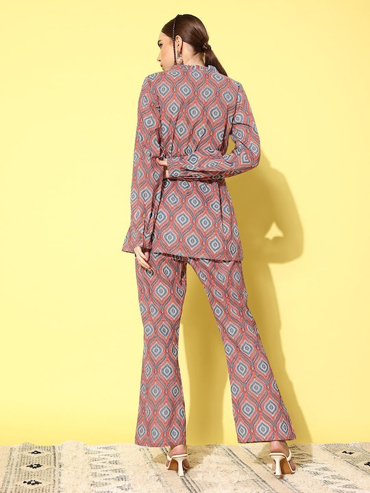 InWeave Women's Pink Blue Ogee Print Belted Coord Set | Grocsy
