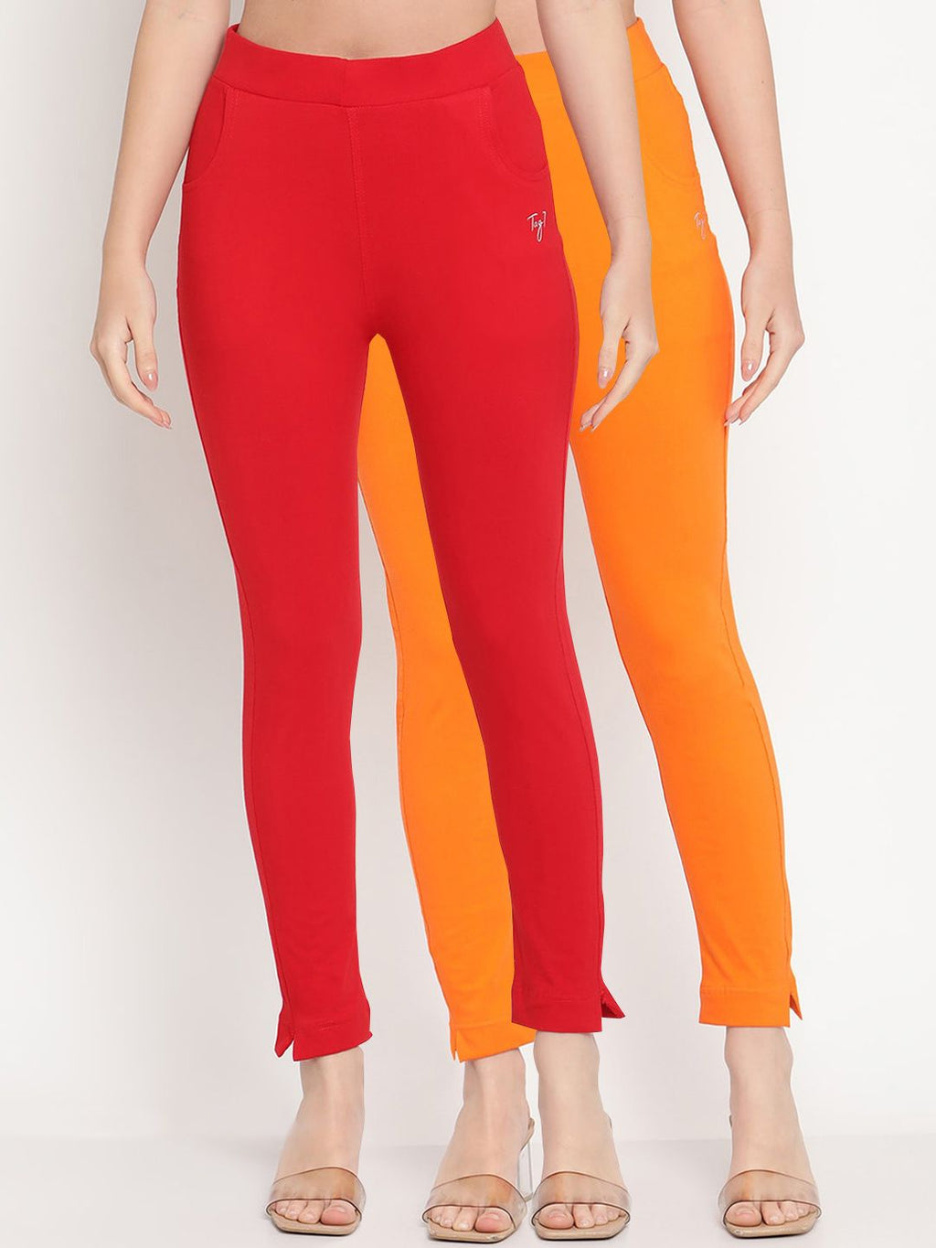 TAG 7 Set Of 2 Red & Orange Solid Leggings | Grocsy