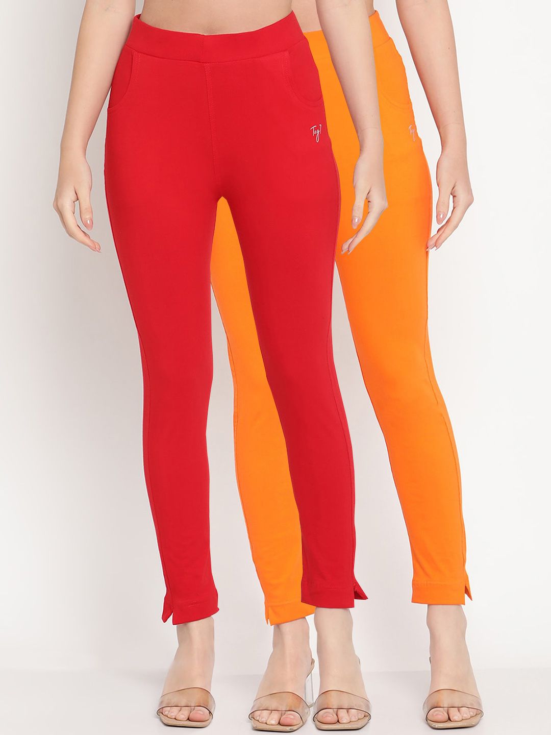 TAG 7 Set Of 2 Red & Orange Solid Leggings | Grocsy