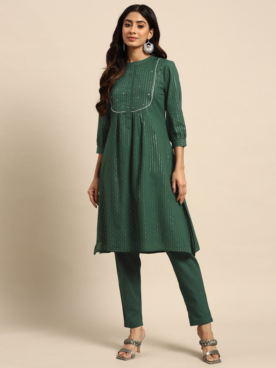 All About You Striped Pleated Sequinned Pure Cotton Kurta with Trousers | Grocsy