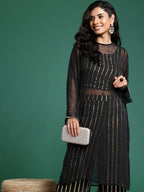 Sangria Lace Detailed Regular Pure Cotton Gotta Patti Top with Palazzos & Semi Sheer Kurta | Grocsy