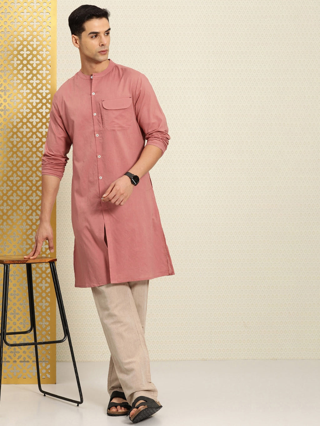 House of Pataudi Rozana Band Collar Pure Cotton Kurta | Grocsy