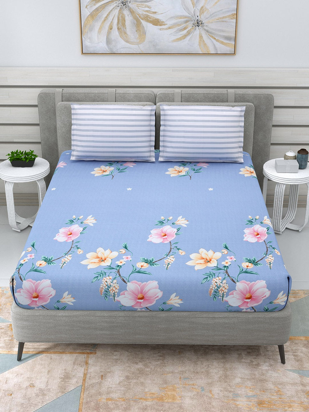 DREAM WEAVERZ Blue & Pink Floral Glazed Cotton 220 TC King Bedsheet with 2 Pillow Covers | Grocsy