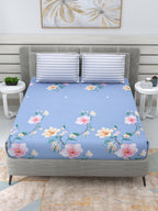 DREAM WEAVERZ Blue & Pink Floral Glazed Cotton 220 TC King Bedsheet with 2 Pillow Covers | Grocsy