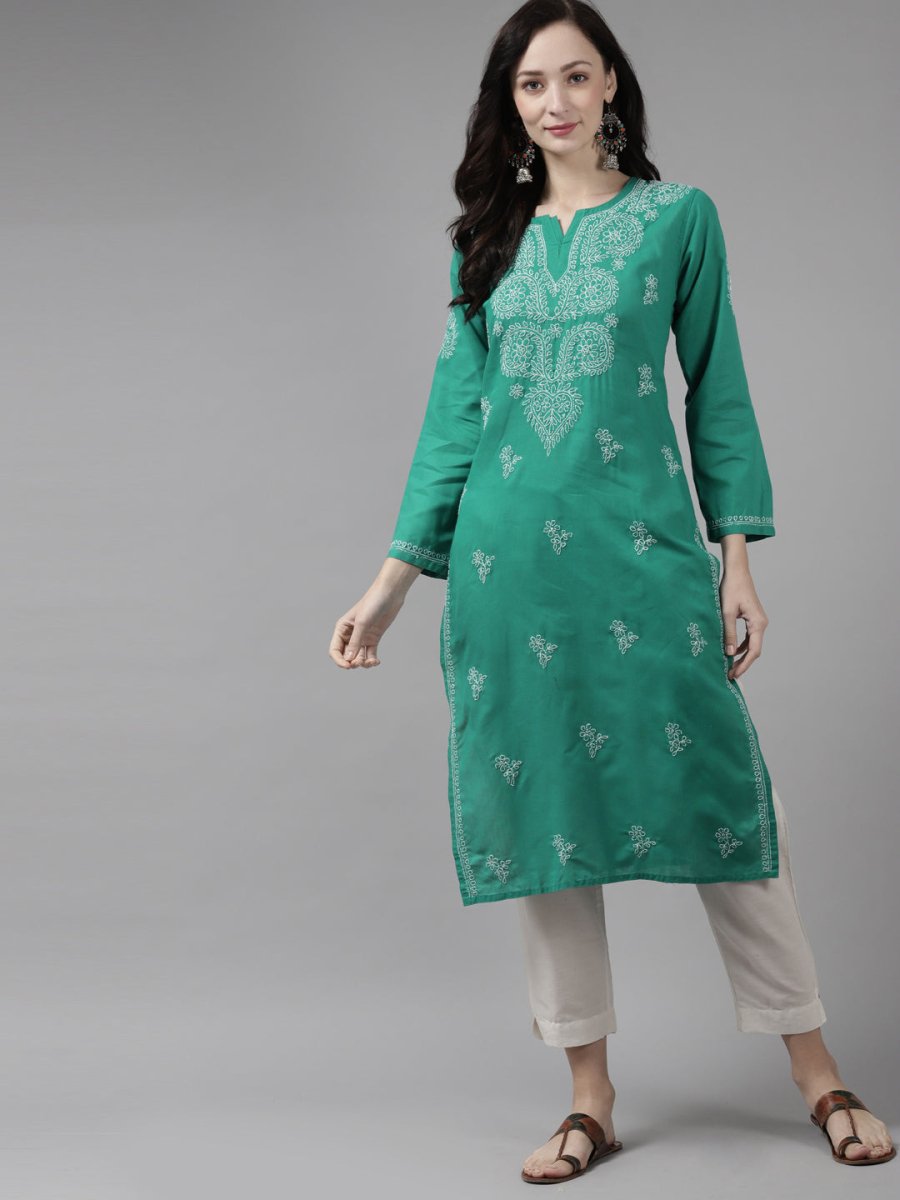 ADA Women Green & White Ethnic Motifs Hand Embroidered Chikankari Handloom Kurta | Grocsy
