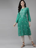 ADA Women Green & White Ethnic Motifs Hand Embroidered Chikankari Handloom Kurta | Grocsy