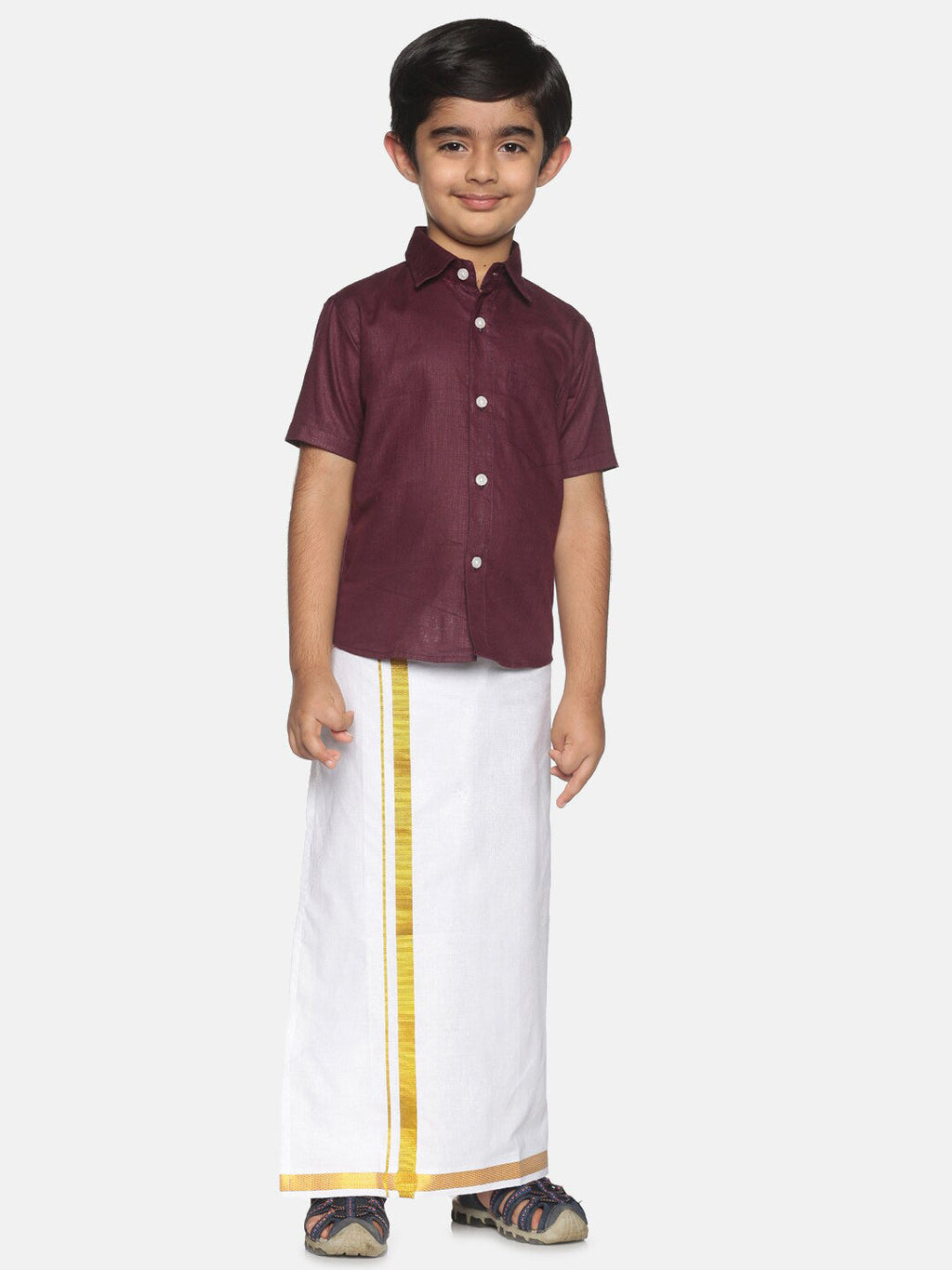 Sethukrishna Boys Maroon & White Pure Cotton Solid Shirt and Dhoti Set | Grocsy