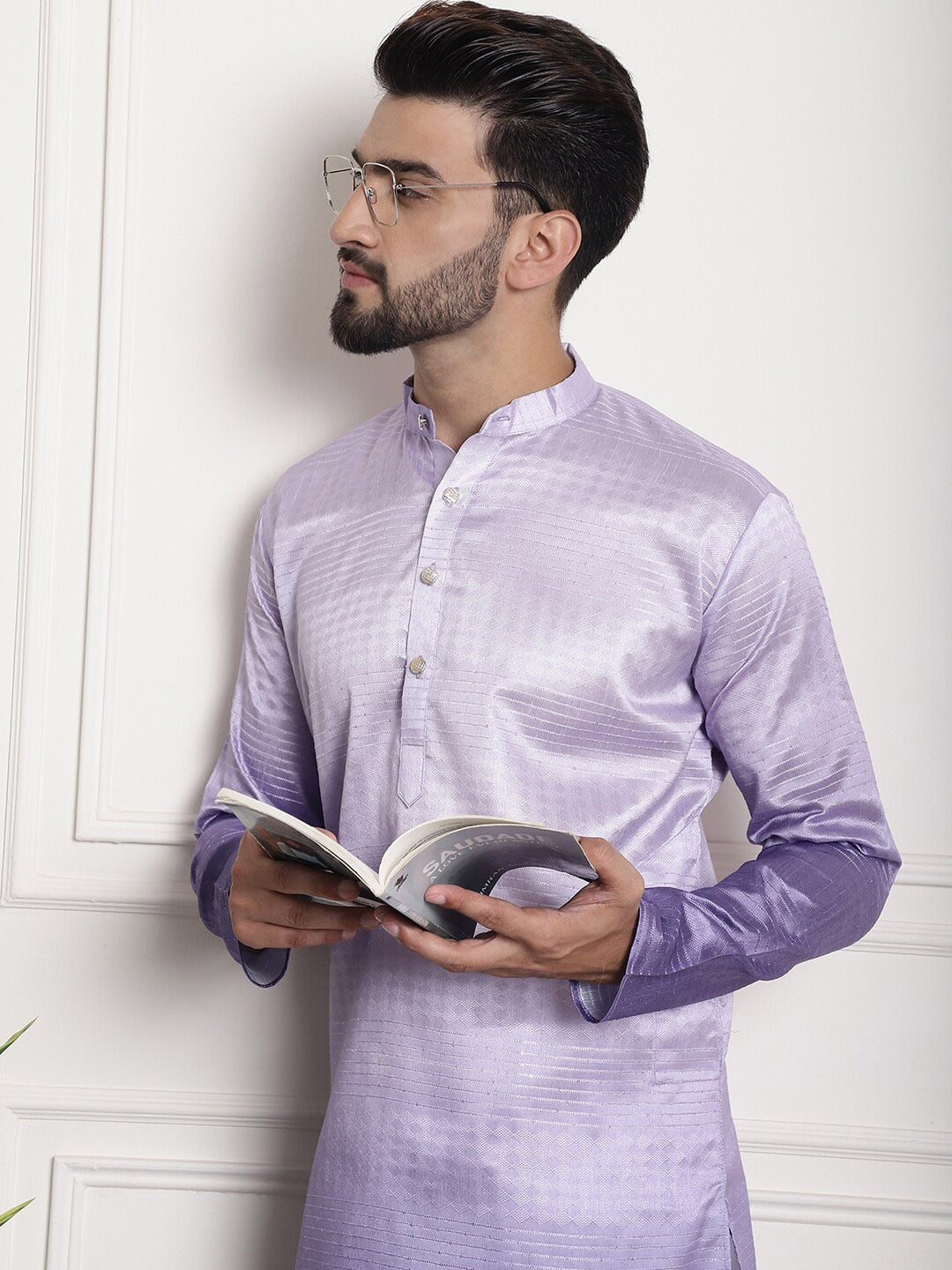 Sojanya Woven Design Mandarin Collar Silk Cotton Kurta | Grocsy