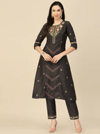 Black Embroidered Chinon Straight Kurta With Trouser & Dupatta - Salimar | Grocsy