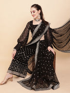 Sangria Black & White Embellished Sequinned Pure Georgette Palazzo Saree | Grocsy