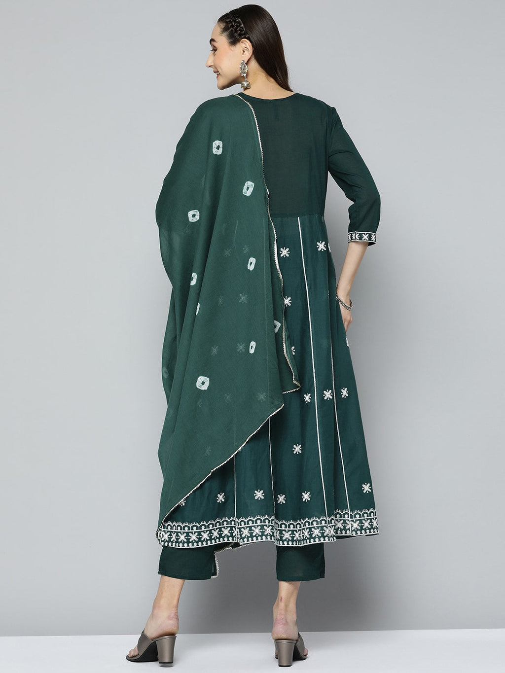 HERE&NOW Women Green & White Ethnic Motifs Embroidered Kurta with Trousers & With Dupatta | Grocsy