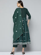 HERE&NOW Women Green & White Ethnic Motifs Embroidered Kurta with Trousers & With Dupatta | Grocsy