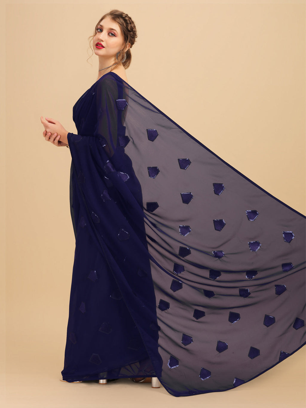 Sangria Navy Blue Sequinned Pure Georgette Saree | Grocsy