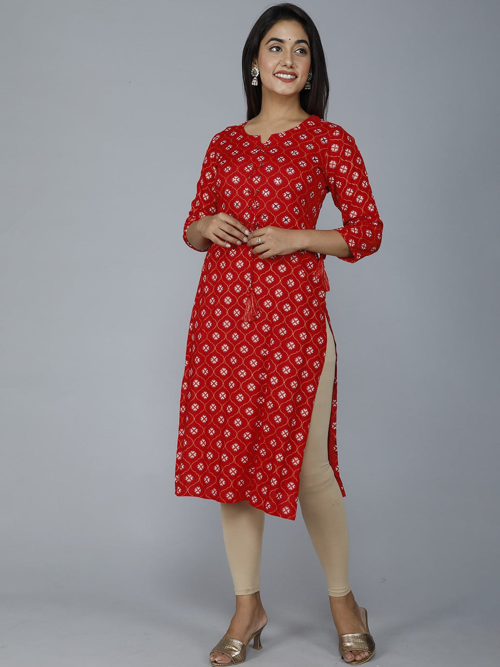 HERE&NOW Women Red Ethnic Motifs Printed Mirror Work Kurta | Grocsy