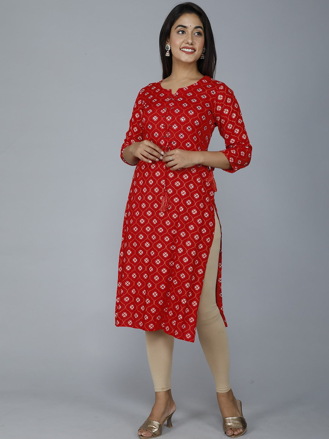 HERE&NOW Women Red Ethnic Motifs Printed Mirror Work Kurta | Grocsy