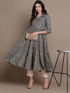 HERE&NOW Ethnic Motifs Printed Shirt Collar Tiered Pure Cotton A-Line Kurta | Grocsy