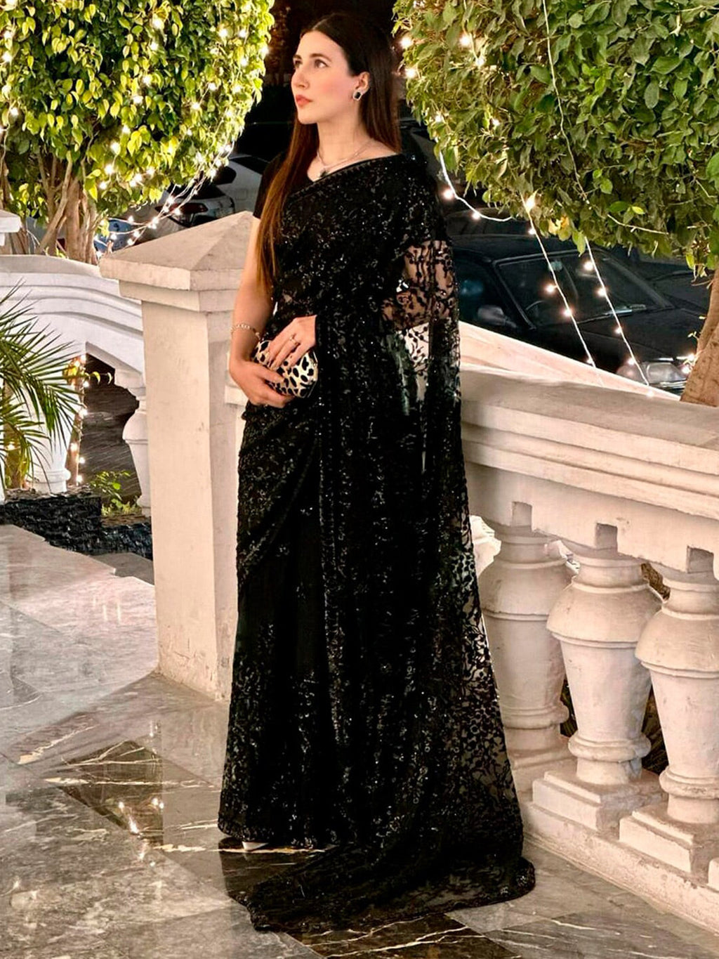 Sangria Embellished Sequinned Pure Georgette Saree | Grocsy