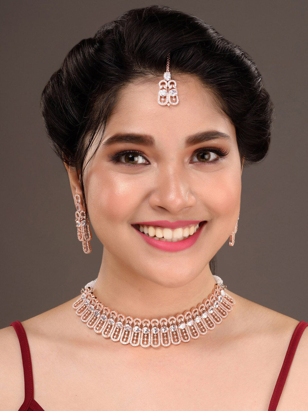 Saraf RS Jewellery Rose Gold-Polished White AD Studded Jewellery Set With Maang Tika | Grocsy