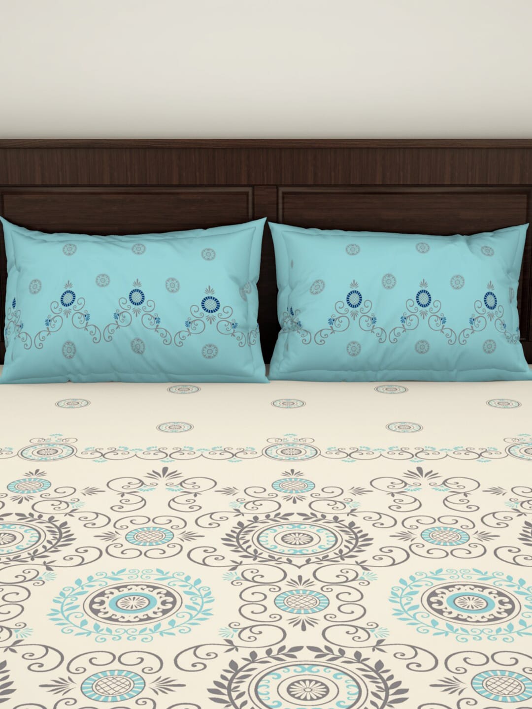 SPACES Reagalis Cream Ethnic Motifs 140 TC Cotton Queen Bedsheet & 2 Pillow Covers | Grocsy