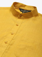 Sojanya Men Mustard Yellow Pure Cotton Kurta with Churidar & Nehru Jacket | Grocsy
