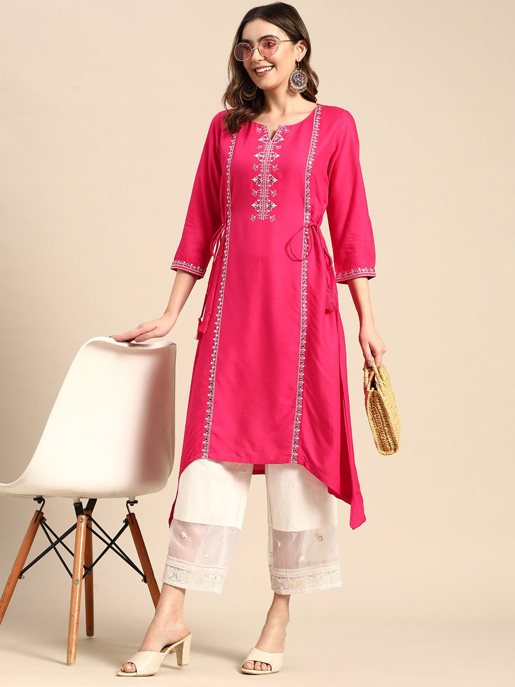 Sangria Floral Embroidered Mirror Work Kurta | Grocsy