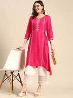 Sangria Floral Embroidered Mirror Work Kurta | Grocsy