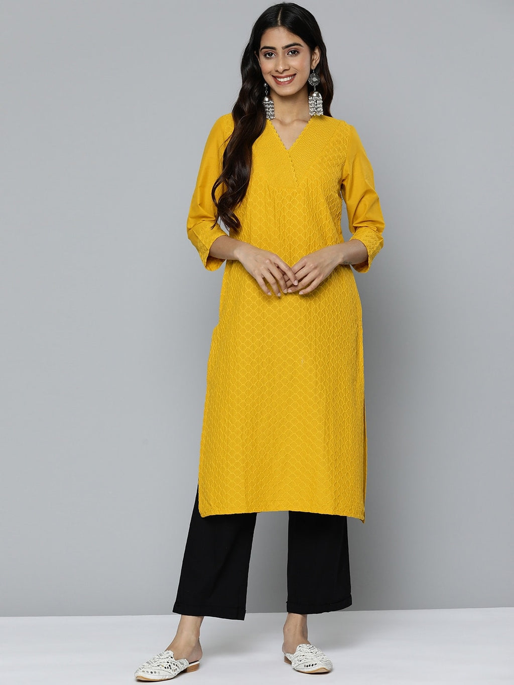 HERE&NOW Women Geometric Embroidered Kurta | Grocsy