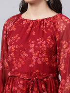 Souchii Maroon Floral Layered Chiffon A-Line Midi Dress | Grocsy
