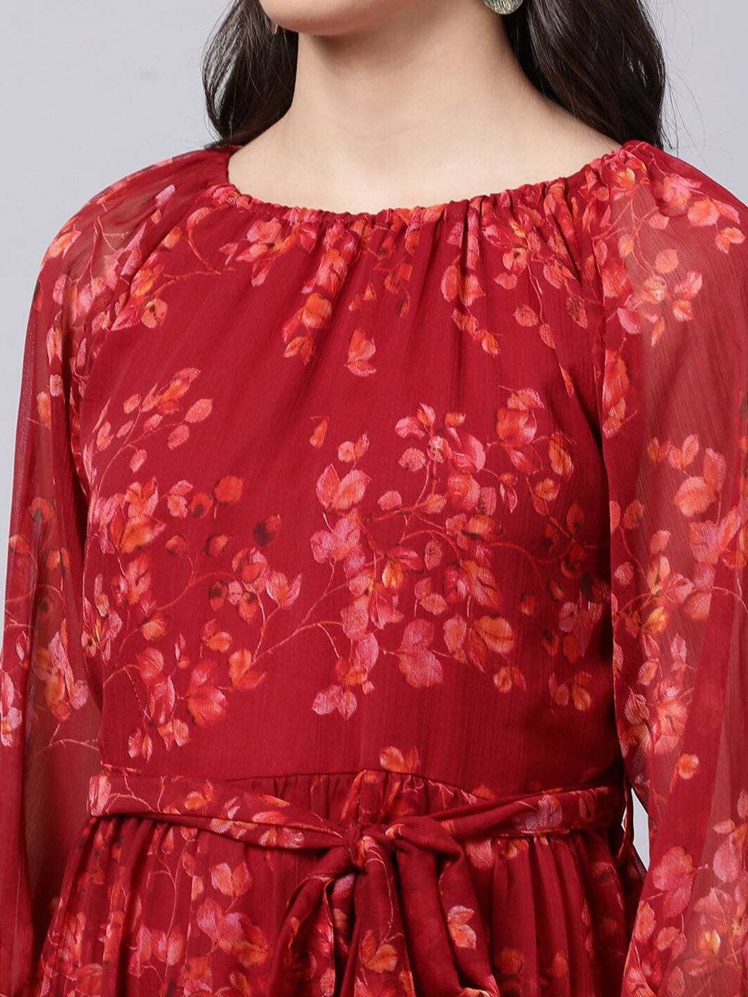 Souchii Maroon Floral Layered Chiffon A-Line Midi Dress | Grocsy