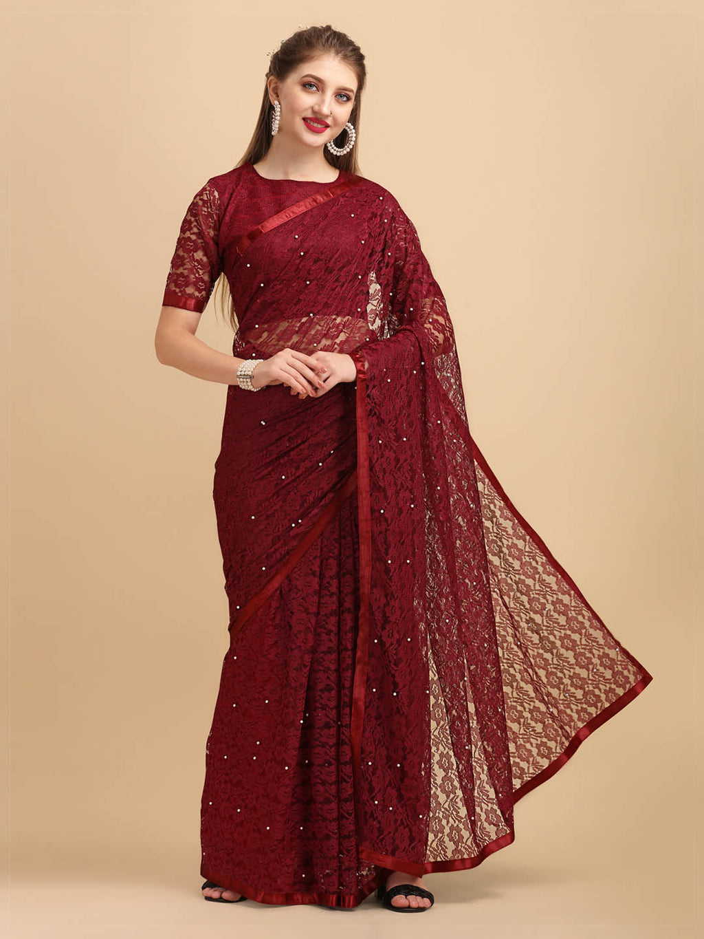 Sangria Maroon Floral Self Design Lace Saree | Grocsy