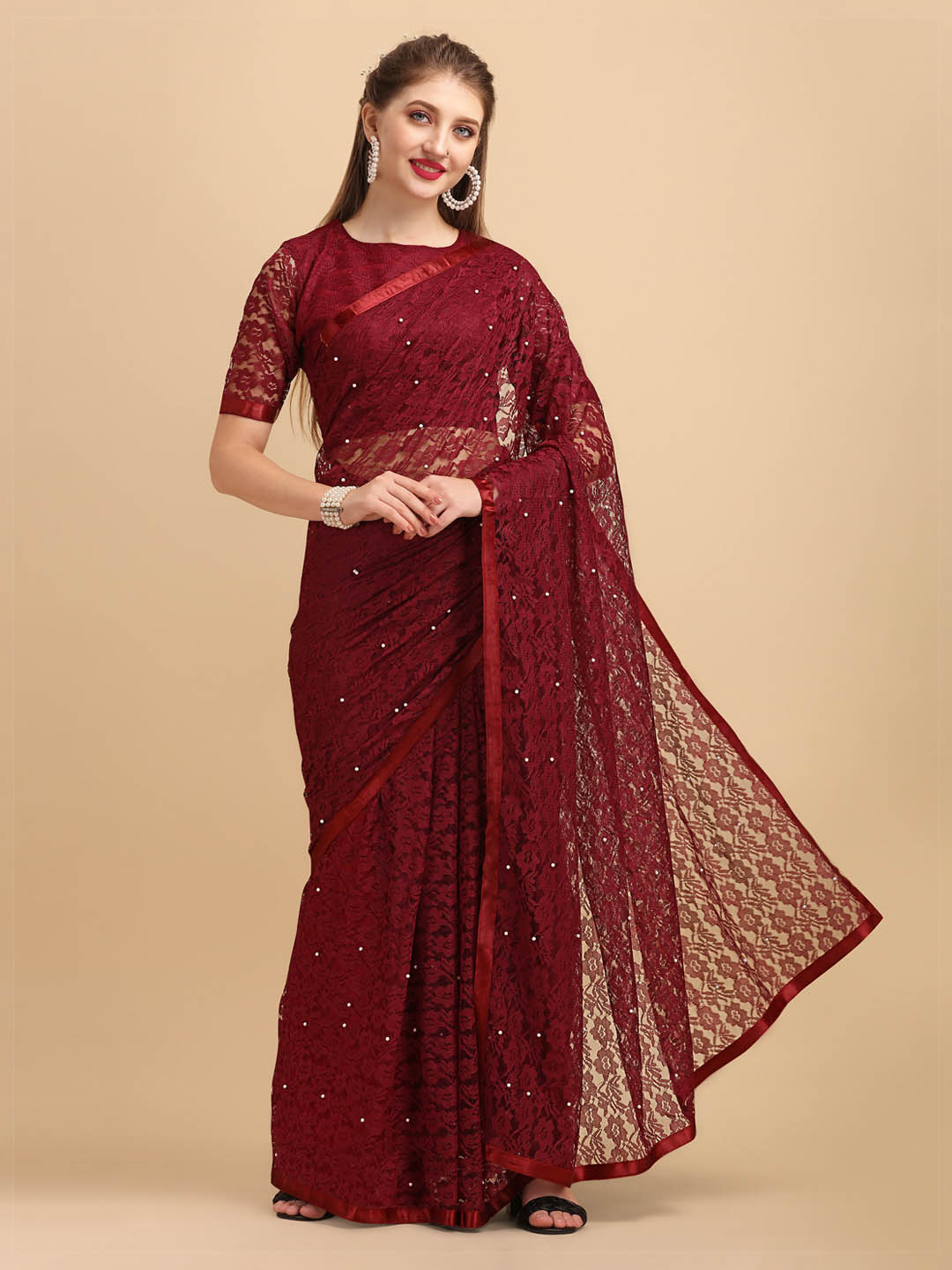 Sangria Maroon Floral Self Design Lace Saree | Grocsy