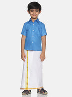 Sethukrishna Blue & White Solid Shirt with Veshti Set For Boys | Grocsy