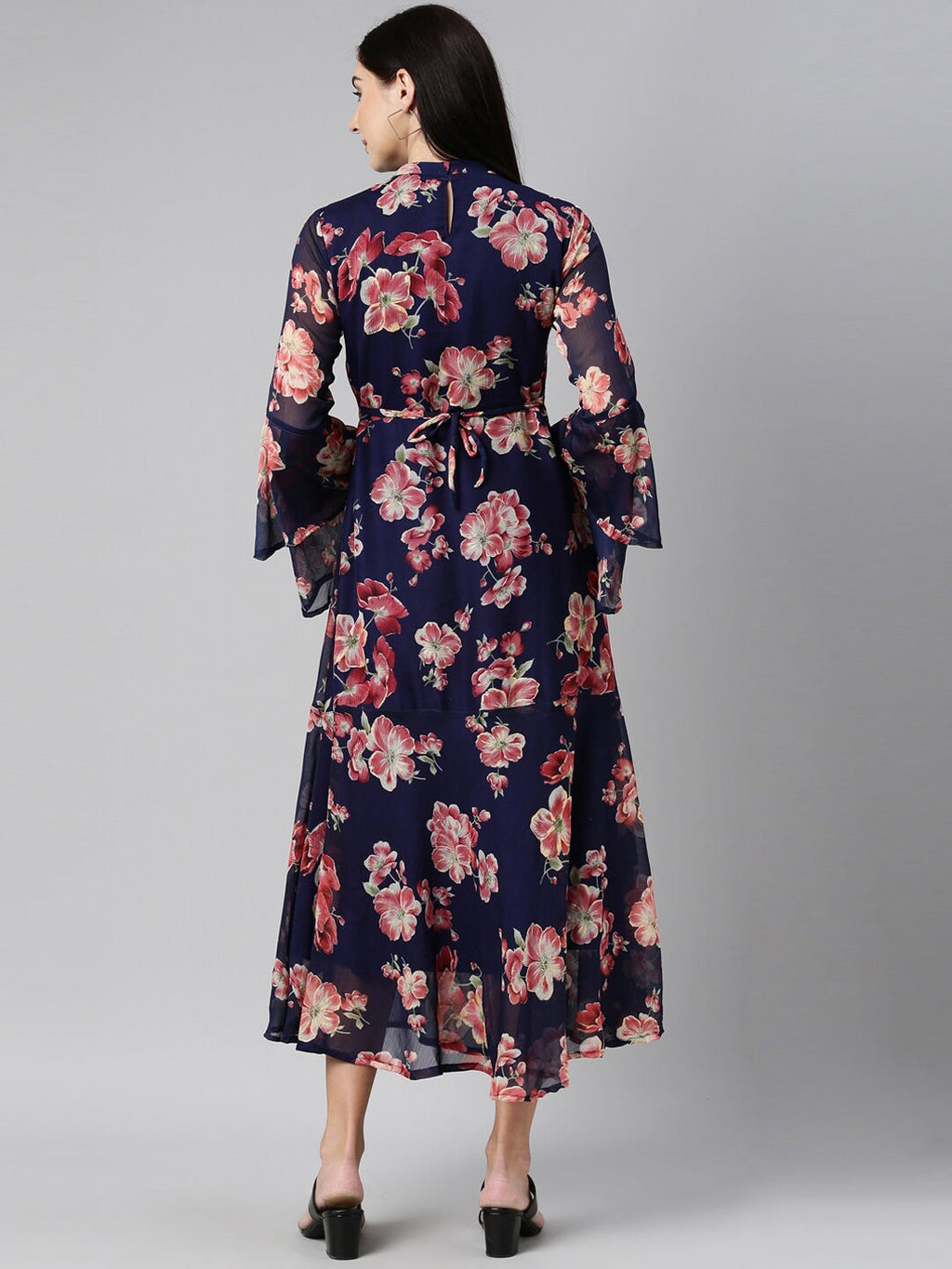 Souchii Navy Blue Floral Chiffon Midi Dress | Grocsy