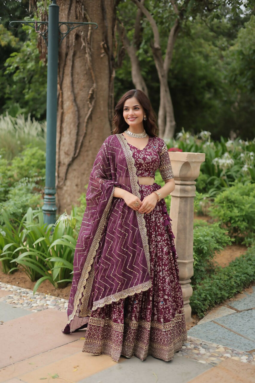 Lorenvalley Wine Pure Viscose Jacquard with Golden Embroidered Sequins work Lehenga Choli | Grocsy