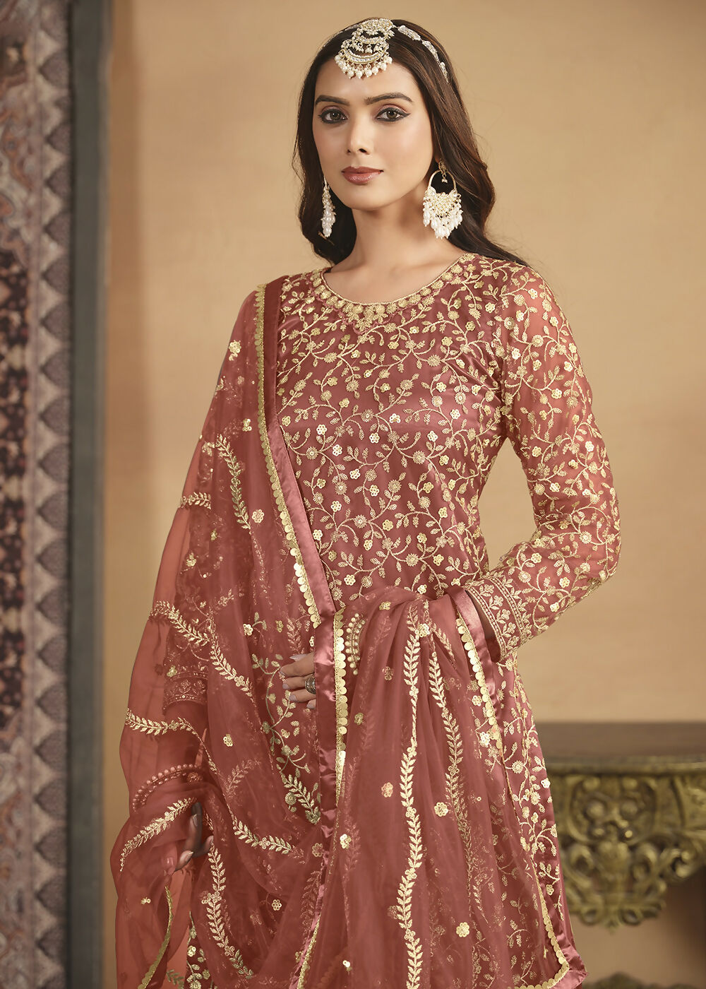 Net Rust Orange Embroidered Festive Gharara Style Suit - Emponline | Grocsy