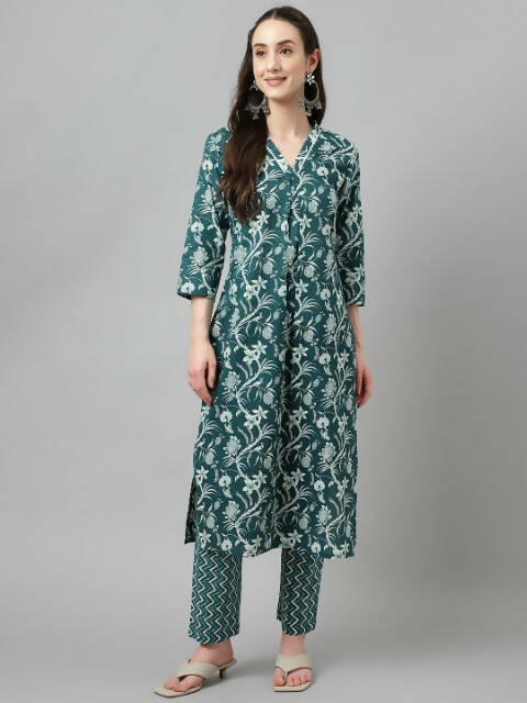 FIORRA Women's Teal Green Cotton A-Line Kurta Set | Grocsy