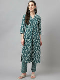 FIORRA Women's Teal Green Cotton A-Line Kurta Set | Grocsy
