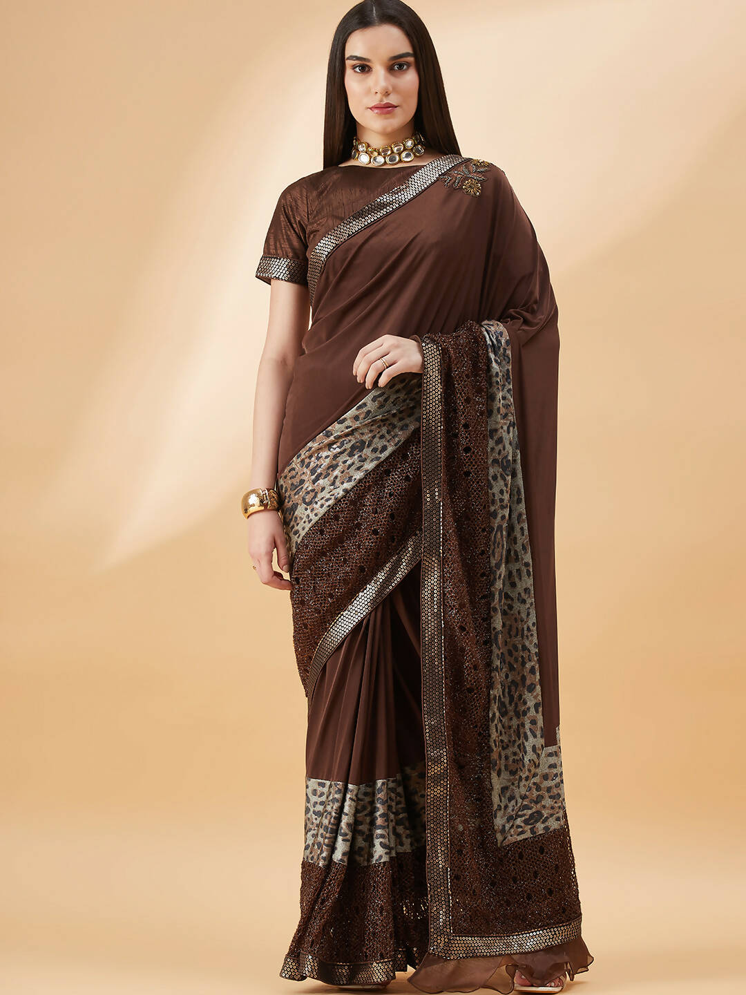Brown Lycra Animal Print, Fancy Value Addition Fabric Saree - Norita Hit Design | Grocsy