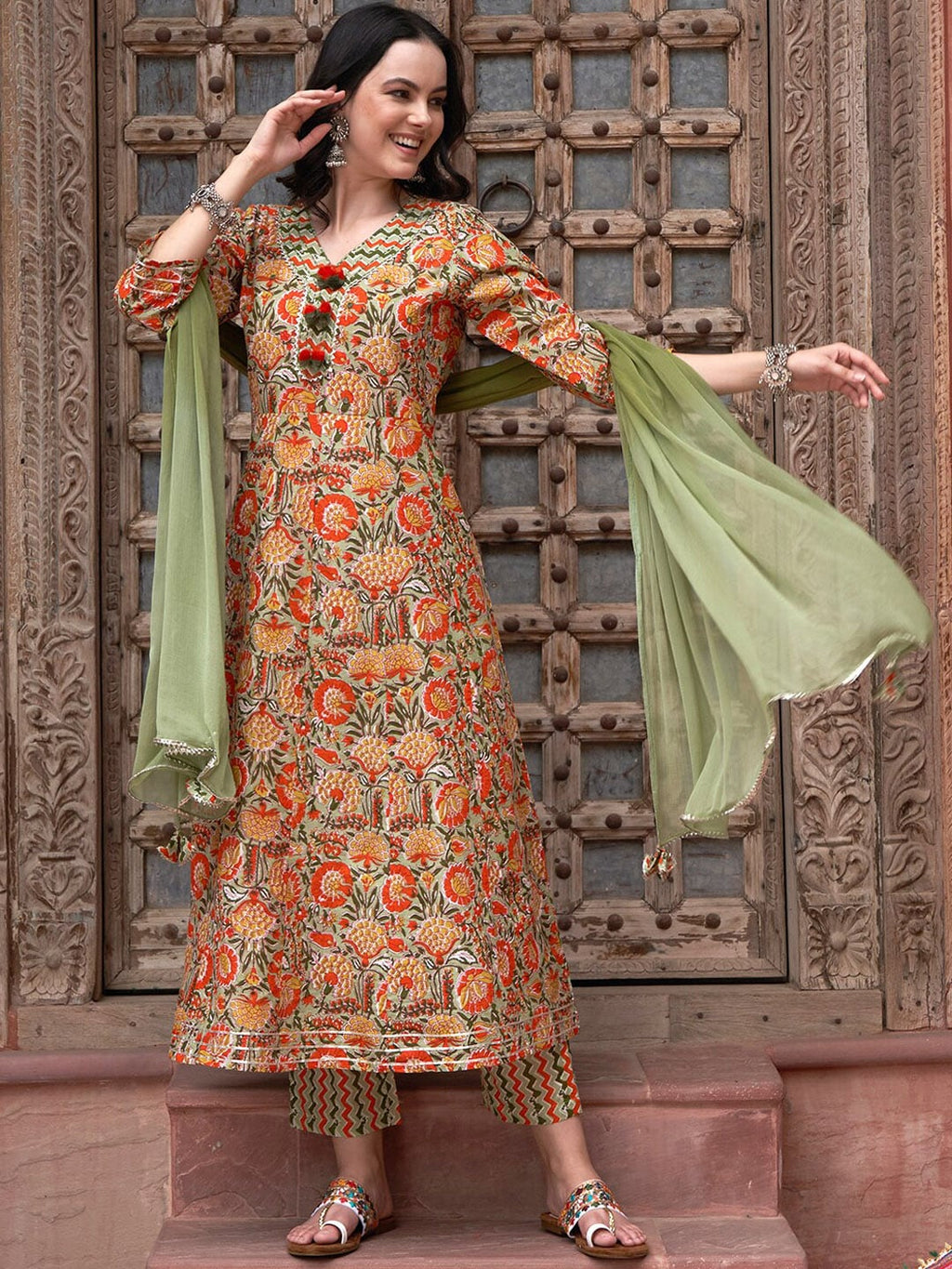 Sangria Orange Printed Gotta Patti Detail Pure Cotton A-Line Kurta With Trousers & Dupatta | Grocsy