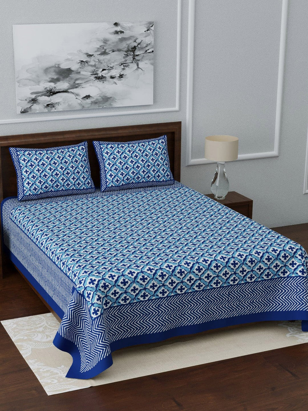 LIVING ROOTS Blue & White Ethnic Motifs 210 TC King Bedsheet With 2 Pillow Covers | Grocsy